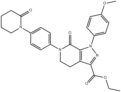1-(4-Meitiocsafheinile)-7-ocsa-6-[4-(2-ocsaipéiridin-1-il)feanile]-4,5,6,7-teitrihidre-1H-piorasól[3,4-c]piridín -3-aigéad carbocsaileach eistear eitile