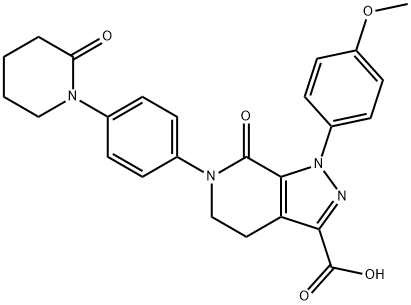 1-(4-meitiocsaifeinil)-7-ocsa-6-(4-(2-ocsaipéiridin-1-il)feanile)-4,5,6,7-teitrihidre-1H-piorasól[3,4-c]piridín -3-aigéad carbocsaileach
