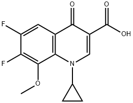 Aigéad 1-Ciclopropil-6,7-difluoro-1,4-déhidr-8-meatocsa-4-oxo-3-quinolinecarbocsaileach