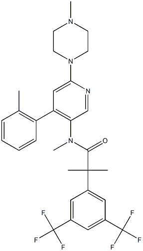 2-[3,5-bis(trífhluaramethyl)feinil]-N,2-démheitil-N-[4-(2-meitilfeinil)-6-(4-meitilpiperazin-1-il)piridin-3-il]própánaimíd