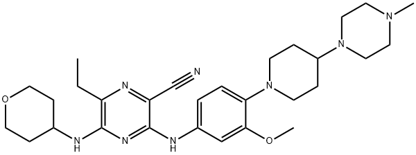 2-Pirazinecarbónitrile, 6-eitil-3-[[3-meitil-4-[4-(4-meitil-1-piperazinil)-1-piperidinil]feinil]aimín]-5-[(teitrea-hidrea-2H-pirin- 4-il)aimín]-