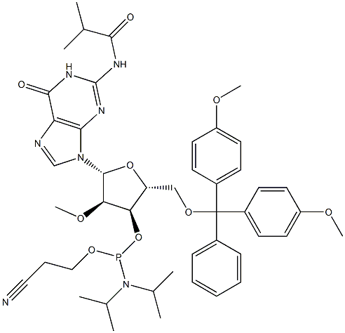 5'-O-(4,4-Démheitiocsaitritile)-2'-O-meitil-N-isobútairilguanósín-3'-(2-cianoethyl-N,N-déiseapróipil)fosfaraimít
