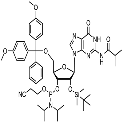 5'-O- (4,4-Démheitiocsatrítil)-2'-O-[(tert-búitil)démheitil]-N-isabúitrilguanósín-3'-(2-cianoethyl-N,N-déiseapróipil)fosfaraimidít