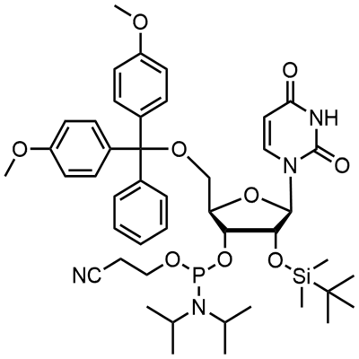5'-O- (4,4-Démheitiocsaitrítile)-2'-O-[(tert-búitil)démheitil]úridín-3'- (2-cyanoethyl-N,N-déiseapróipil)fosfaraimít