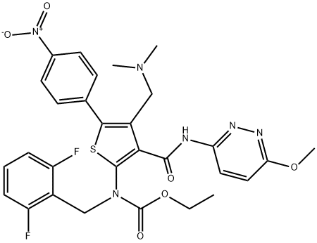 Aigéad carbamamach, N-[(2,6-défhluarafheinile)meitil]-N-[4-[(démheitilaimín)meitil]-3-[[(6-meatocsa-3-piridazinil)aimín]carbóinil]-5-(4 -nitrophenyl)-2-thienyl]-, eistear eitile